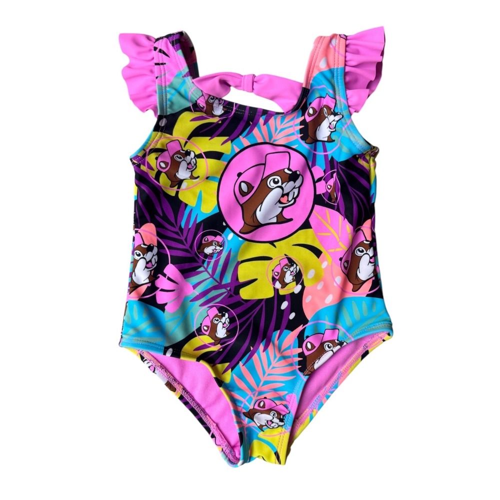 Buc-ees Tropical Beaver Print One Piece Swimsuit Neon Ruffle Straps 12-18M